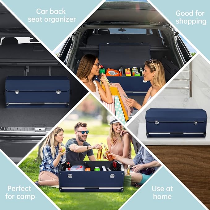 Car Trunk Organizer, Collapsible Car Storage Organizer with Lid and Push-pull Handle Leather Trunk Organizer for Suv, Truck, Minivan (Blue, 27.17 x 11.42 x 12.2in)