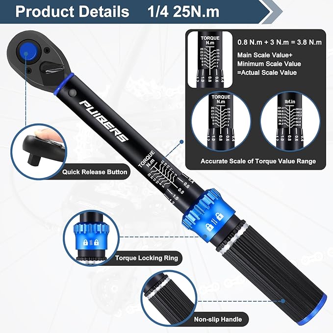 1/4 Inch Pound Torque Wrench, Bike Torque Wrench 1/4 3-25 NM/22.6-221.3 IN.LB，Dual-Direction Adjustable 72 Tooth Drive Small Newton Meter Wrenches for Bike, Motorcycle and Car Repair