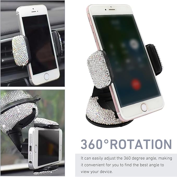Car Phone Holder, Bling Rhinestone-encrusted Anti-shake Stand with Adjustable Clamp, 360°Rotate Navigation Mount, Universal Interior Accessory for Windshield Dashboard and Air Outlet (White)