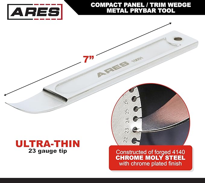 ARES 10091 - Mini Pry Bar Tool - Compact Panel/Trim Wedge - Durable Metal Pry Bar Easily Removes Trim, Paneling, Sheet Metal, Fasteners, and More - Compact Design Skin Wedge for Use in Confined Spaces