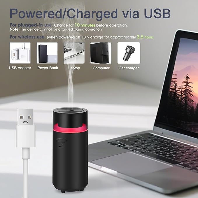 Essential Oil Smart Car Diffuser, 3000 mAH Rechargeable Battery, Cool Mist Aromatherapy Air Freshener Diffuser, Auto On/Off, 4/8 Hour Timing Mode, for Bedroom, Office, Travel (Black)