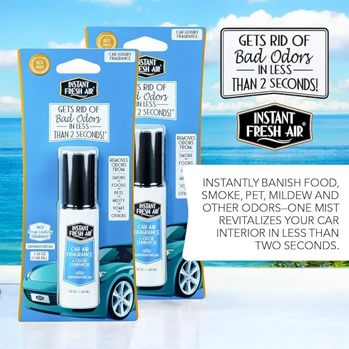 2-Pack: Dual-Action CAR AIR Freshener Hawaiian Dream -Instantly Eliminates Odors from Smoke, Food, Pets, Must in 2 Seconds, For Commuters, Pet Owners, Rideshare Drivers 1.35 Oz. - INSTANT FRESH AIR