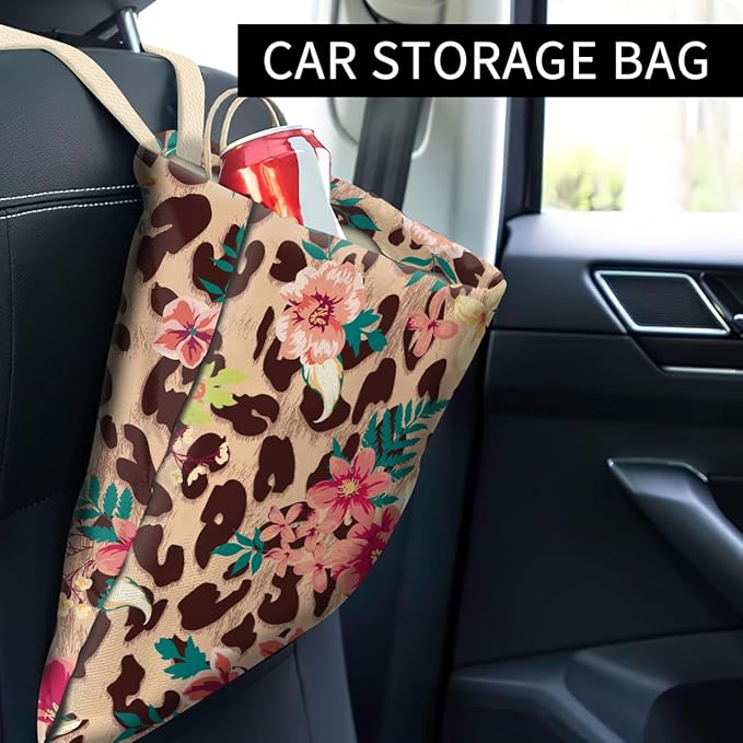Cute Car Trash Can, Hanging Car Organizer, Vintage Foral Leopard