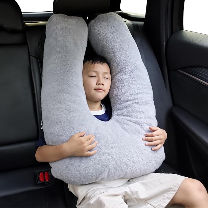 Car Travel Pillow for Adults Kids, Comfortable Sleeping Pillow for Road Trips, Soft Support Cushion for Head and Body in Back Seat, Sleep Aid for Long Car Journeys, Gray