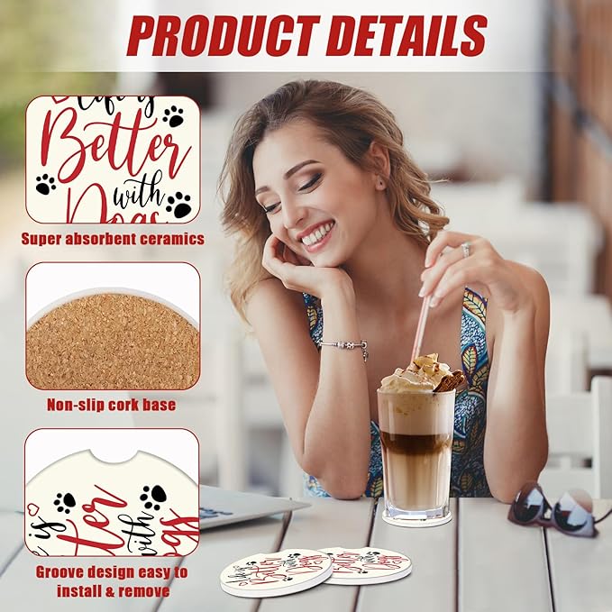 Life is Better with Dog Cup Holder Car Coasters, Dog Paw Absorbent Ceramic Car Coasters for Cup Holders, Car Accessories for Women Men (2 Pack)