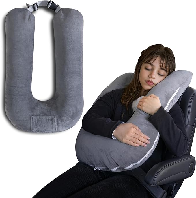 QUEEN ROSE Car Travel Pillow for Sleeping, Adjustable Head Support for Adults & Kids, Breathable Soft Neck Cushion for Road Trips, Machine Washable Cover, Grey