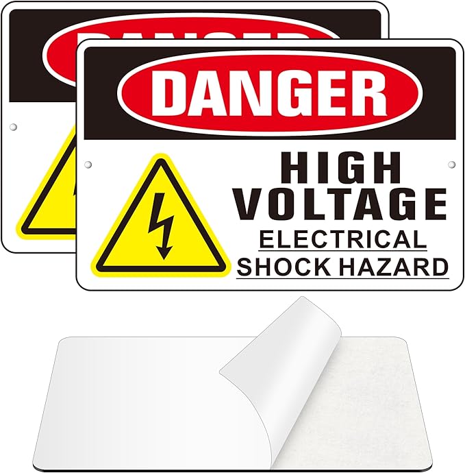 Danger High Voltage Sign, (2 Pack) Self Adhesive Aluminum Metal Electrial Shock Hazard Signs for Indoor Outdoor Use, Rust Free and Reflective Sticker (9 x 6 inches, Black/White)