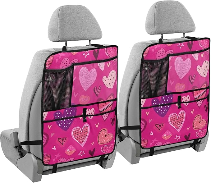 1 Pack Back Seat Car Organizer with Storage Pockets Kick Mats Back Seat Protector Hanging Car Organizer Automotive Seat Back Cover Organizers Hot Pink Doodle Hearts Stars