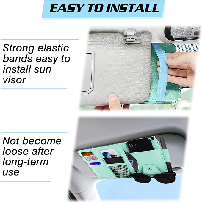 Car Sun Visor Organizer, Leather Pocket Organizer Sunglass Holder for Car Interior Accessories with Multi-Pocket Net Zipper (Blue)