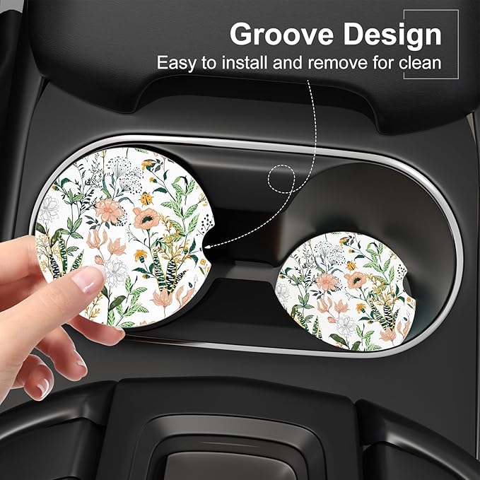 Car Cup Holder Coaster, Car Coasters for Cup Holders, 4 Pack Universal Anti Slip Insert Absorbent Ceramic Auto Interior Accessories with A Finger Notch & Cork Base, Village Road Flowers