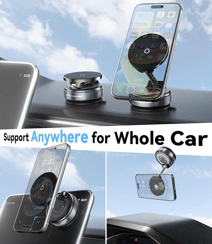 15W for MagSafe Car Mount Charger, Magnetic Wireless Car Phone Holder for iPhone 17 16 15 14 13 12 Pro Max, 360° Adjustable iPhone Charger for Car with USB C Car Charger Adapter