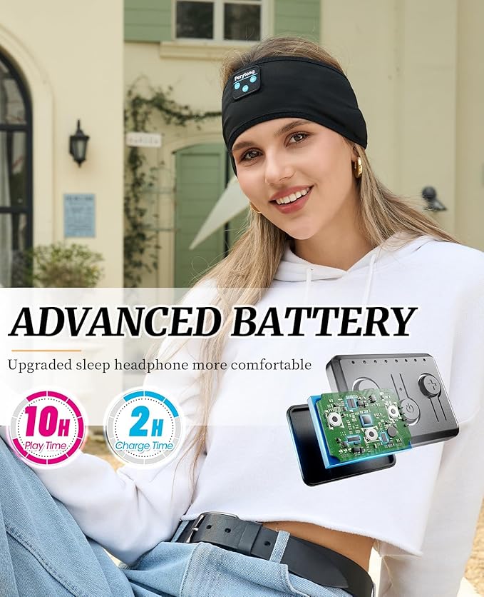 Perytong Sleep Headphones Wireless, Bluetooth Sports Headband Headphones with Ultra-Thin HD Stereo Speakers Perfect for Sleeping,Workout,Jogging,Yoga,Insomnia, Air Travel, Meditation (DeepBlack)