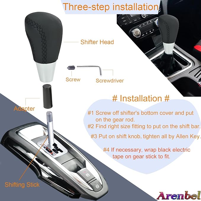 Arenbel Car Leather Gear Shifter Knob Stick Shift Lever Grip Speed Handle Auto Accessories Replacement Fit Most Automatic Manual Vehicles, Black