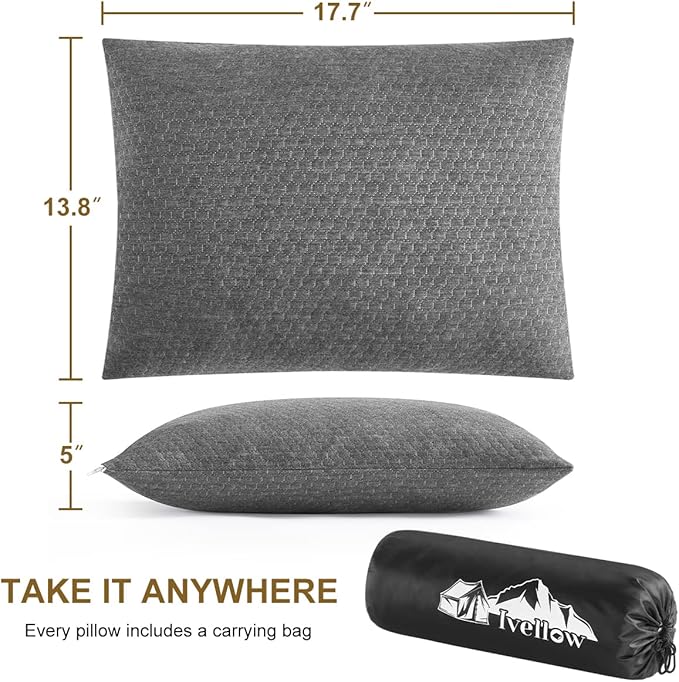 Ivellow Travel Pillow Compressible Camping Pillow for Sleeping Shredded Memory Foam Pillow Compact Firm Supportive for Adults Kids Outdoor Backpacking Hiking Essential Gear