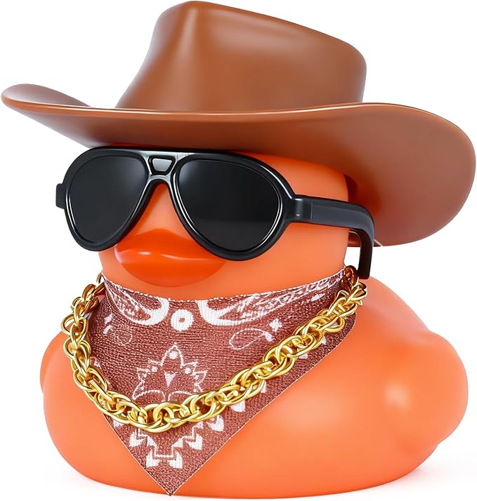 BOZILY Cowboy Rubber Duck Car Dashboard Decor - Brown Hat, Glasses, Necklace & Scarf, Squeaky Silicone Duck Ornament for Stress Relief, DIY Fun Car Accessory