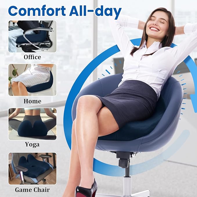 Seat Cushion, Memory Foam Office Chair Seat Cushion for Office Chairs/Car/Long Trip/Desk Chair/Gaming, Extra Large Size for Sciatica & Hip & Tailbone Pain Relief, Sciatica Support (Blue)