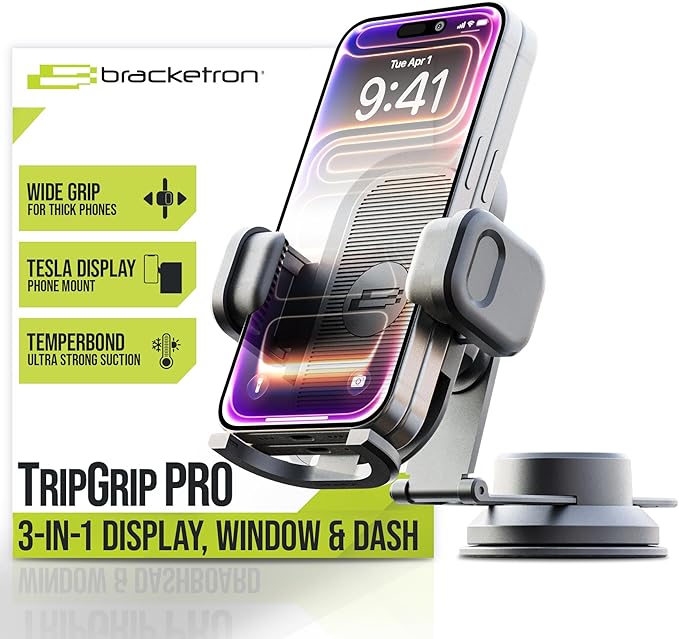 Bracketron TripGripPro Suction Cup Phone Mount for Car - 3-in-1 Tesla Phone Mount with 360° Rotation, Temperbond Suction Technology for Windshield Dashboard Display