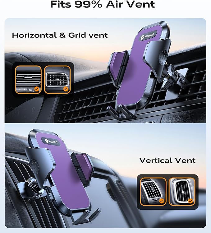 VICSEED 2026 Upgrade Phone Holders for Your Car with Double Lock Vent Clip Cell Phone Car Mount Universal Car Phone Holder, 360° Rotation Easy Clamp Car Mount for iPhone 17 Pro Max 16 15 14 13 12