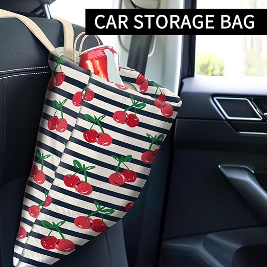 Car Trash Can, Cute Car Trash Bag, Hanging Car Organizer and Storage Bag, Trash Bin for Car Accessories, Vehicle, Travelling, Camping Cute Red Cherry Stripe