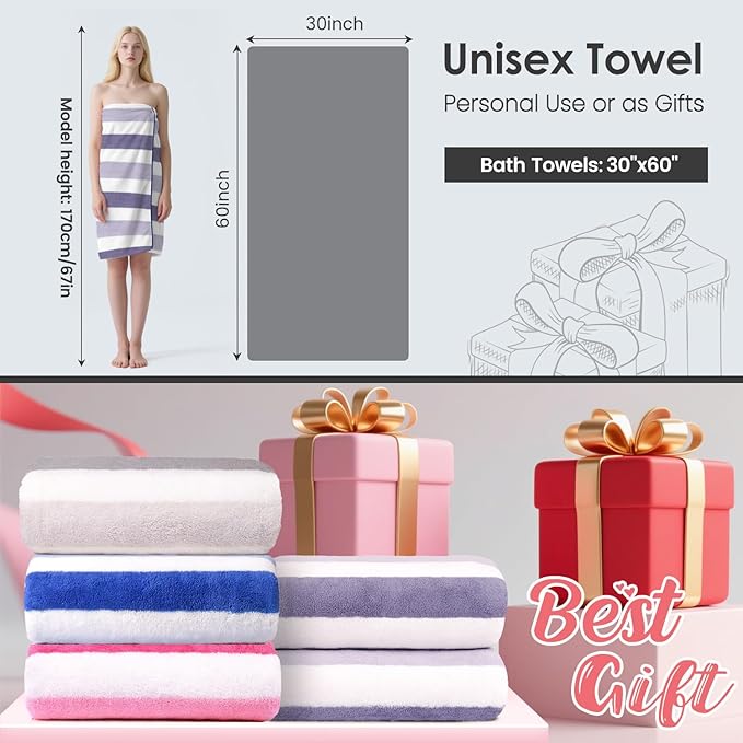 JML Microfiber Bath Towels, Bath Towel 2 Pack 30" x 60", Oversized, Soft, Super Absorbent and Fast Drying, Multipurpose Bathroom Towel Set for Sport, Fitness, Yoga, Coral Fleece Stripe Purple