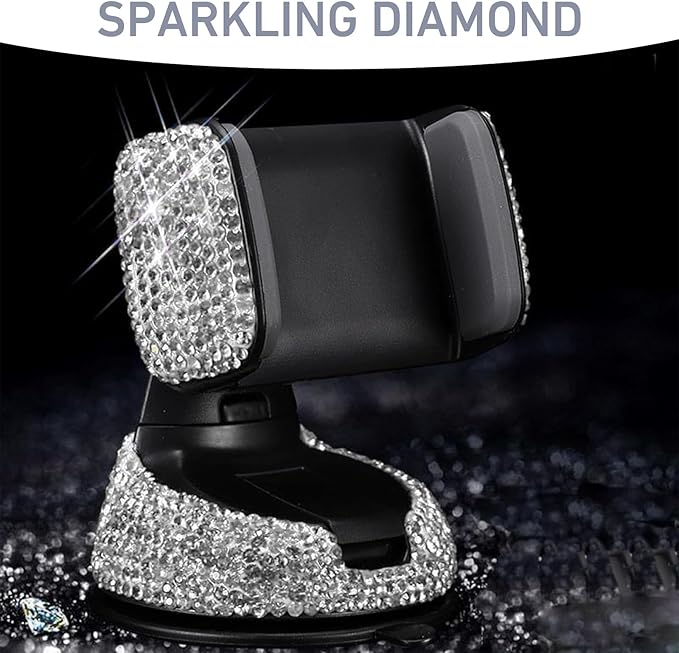 Car Phone Holder, Bling Rhinestone-encrusted Anti-shake Stand with Adjustable Clamp, 360°Rotate Navigation Mount, Universal Interior Accessory for Windshield Dashboard and Air Outlet (White)