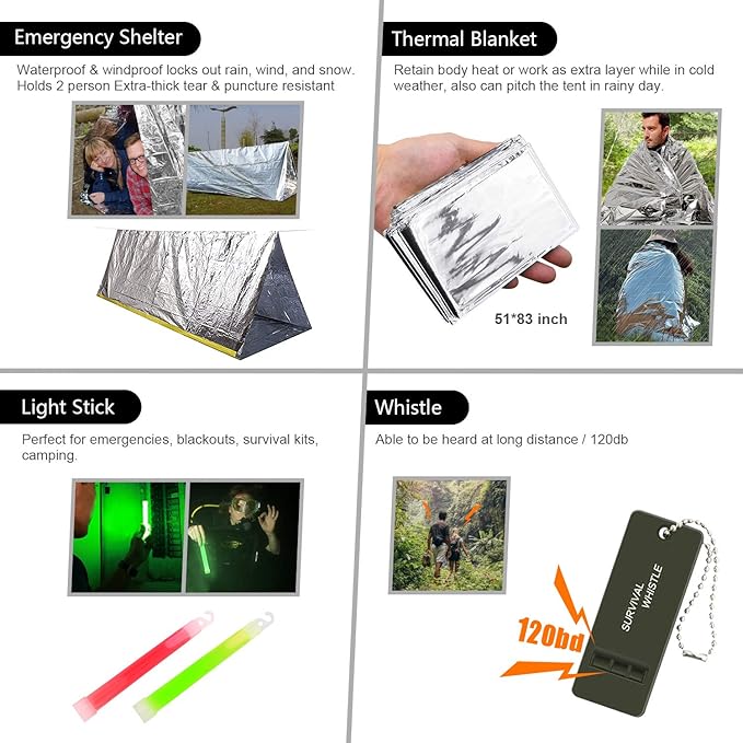 Emergency Survival Kit, 151 Pcs Survival Gear First Aid Kit, Outdoor Trauma Bag with Tactical Flashlight Knife Pliers Pen Blanket Bracelets Compass for Camping Earthquake or Adventures