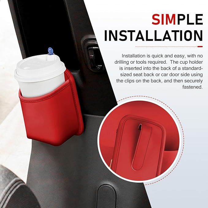 Car Door Cup Holder, Leather Backseat Cup Holder for Car, Multifunctional Clip On Storage Box for Beverage Phones Keys Snacks, Universal Storage Organizer Accessory (Red)
