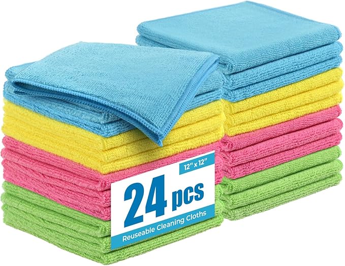 Microfiber Cleaning Cloth 12"X12" 24 Pack Colour Lint Free Microfiber Towels for Cars-Extra Thick, Streak-Free, Fast Absorbent - Reusable Multi-Purpose Housekeeping Rags for Cars