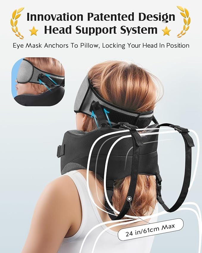 YFONG Travel Pillow for Long Flight Airplanes, Head Strap Combo with 3D Contoured Eye Mask for Sleep, Neck Pillow for Car Trip Essential, 360° Support Memory Foam Headrest, Prevent Head Bobbing, Grey