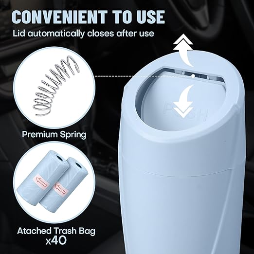 Car Trash Can Bin with Lid-2 Packs Car Garbage Can Cup Holder-Light Blue Mini Leakproof Vehicle Trash Garbage Can Bin with 40pcs Trash Bags-Car Organizers and Storage for Front Back Seat Accessories
