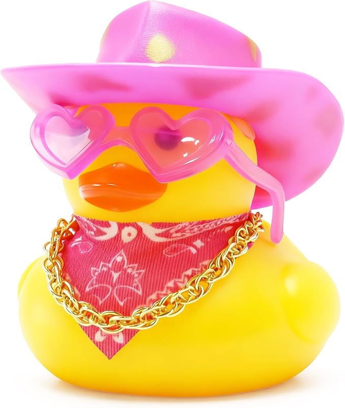 BOZILY Funny Car Accessories Rubber Duck Decor with Mini Cowboy Hat, Heart Sunglasses, Gold Necklace & Double-Sided Tapes - Pink Style Rubber Duck Ornament for Car Dashboard Decorations