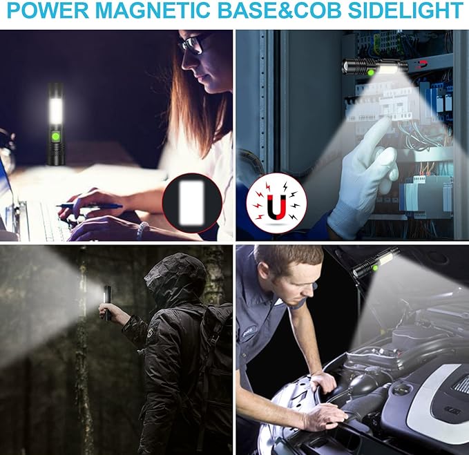 Rechargeable Flashlight, Super Bright LED Flashlight with COB sidelight, Zoomable, Waterproof, 4 Modes, Tactical Flashlight for Camping, Emergency