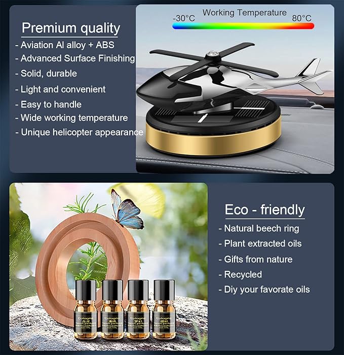 Upgraded AL Alloy Helicopter Aromatherapy Solar Rotating Air Freshener, Home and Car Interior Decoration Accessories (Gold)