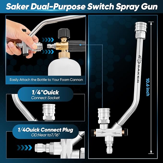 Saker Foam Cannon Dual Connector Accessory, Dual-Purpose Switch Spray Gun,Foam Cannon for Pressure Washer for Car Washing and Cleaning