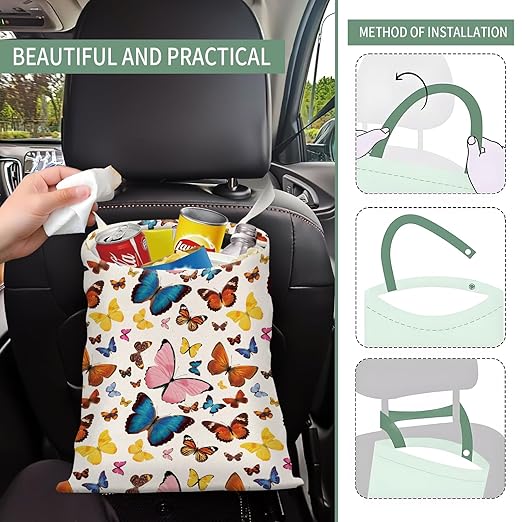 Cute Car Trash Can, Hanging Canvas Car Back Seat Organizer and Storage Bag, Funny Car Trash Bag For Travelling, Outdoor Cute Colorful Butterfly