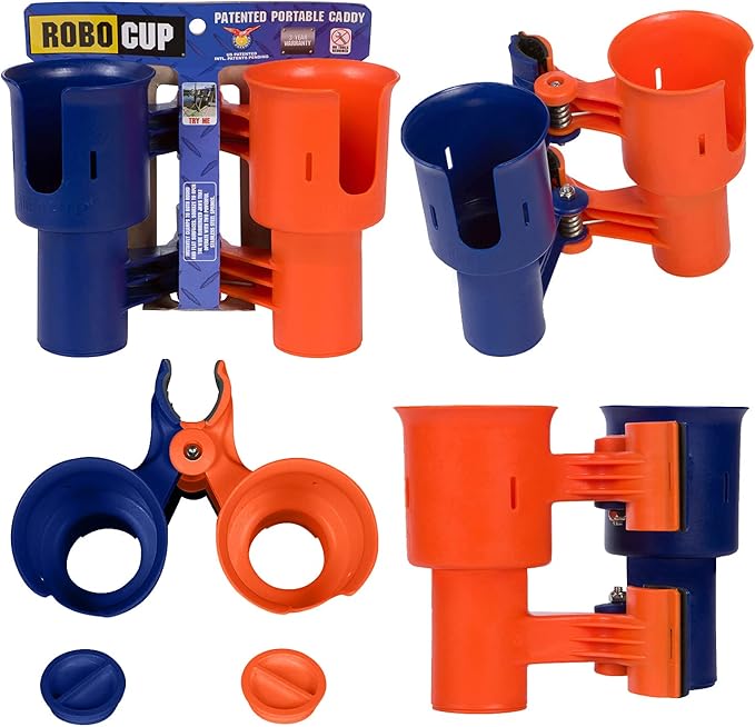 ROBOCUP, Patented Boat Cup Holder, Clamp on Portable Storage Caddy Securely Holds 2 Drinks, Fishing Poles, Tools, Marine Gear | Perfect for Boating, Beach Umbrellas, Golf Carts