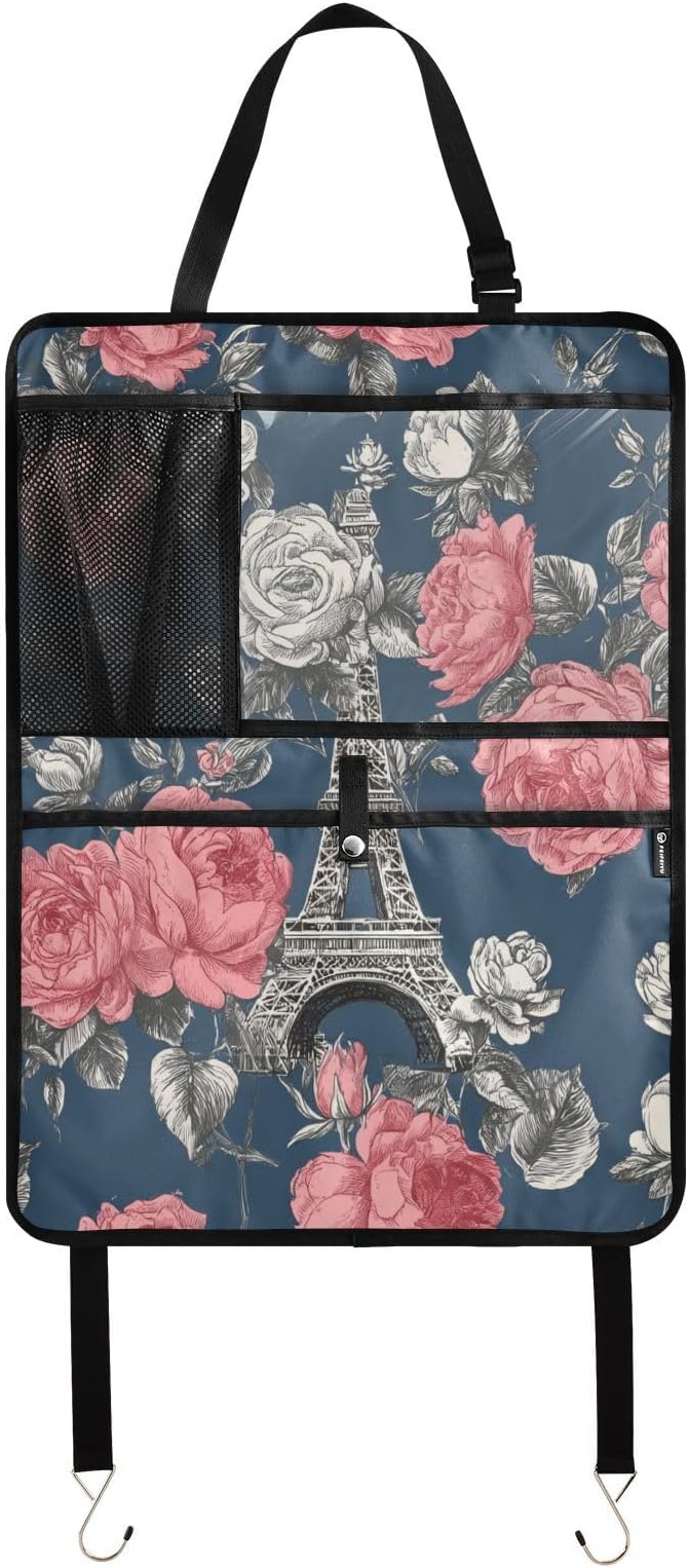 1 Pack Back Seat Car Organizer with Storage Pockets Kick Mats Back Seat Protector Hanging Car Organizer Automotive Seat Back Cover Organizers Blue French Eiffel Tower and Roses