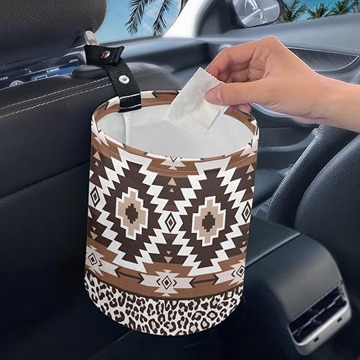 Trash Bag, Car Garbage Can Hanging Back Seat Organizer Trash Can Bin for Vehicle, Travelling, Camping - Southwest Tribe Leopard