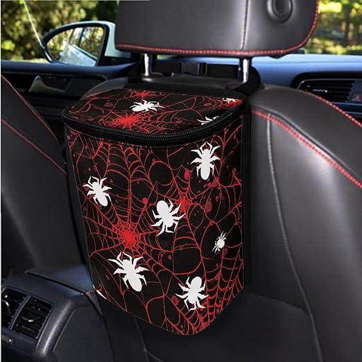 1.2 Gallons Mini Trash Can for Car, Halloween Spider Web Auto Trash Bag for Car, Adjustable Hanging for Tail of Console/Back of Seats, Odor-Free with Zipper Leak-Proof Lid Design Washable