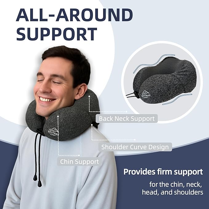 Travel Pillow with Extra Large Hood for Airplane Long Flights Privacy and Comfort Memory Foam with Skin-Friendly Cover for Road Trip Head&Neck Support for Plane Office Cars Sleeping & Rest (Grey)