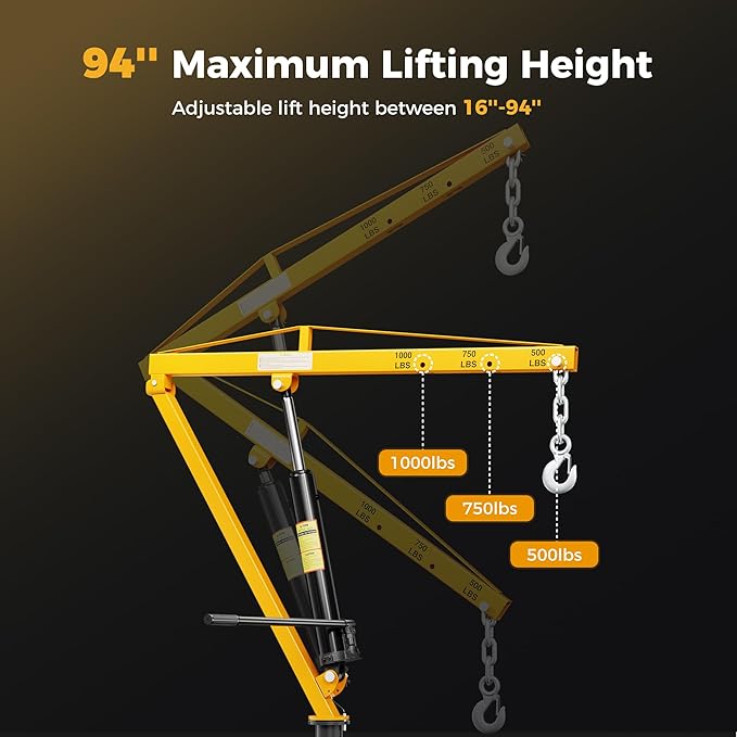1000lbs Receiver Hitch Mounted Hydraulic 360° Swivel Truck Crane with 3 Boom Capacity Options: 500lbs, 750lbs, 1000lbs. Ideal for Workshops, Construction, Agriculture, and Logging,Yellow