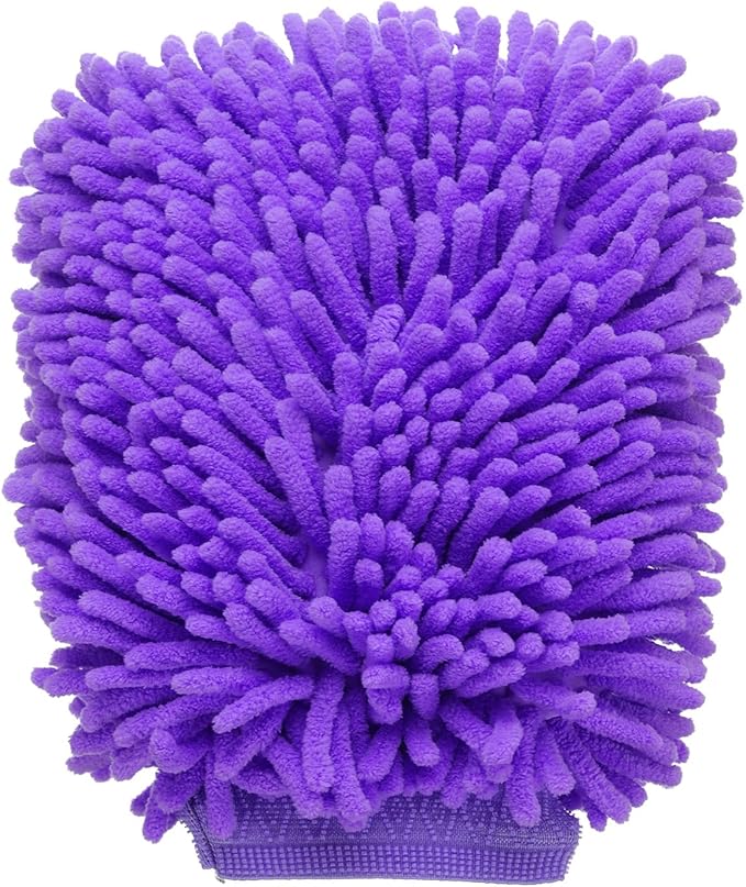 HARFINGTON Chenille Microfiber Car Wash Mitts 10" x 7.5" Scratch Free Wash Gloves Absorbent Double Sided Plush Cleaning Drying Mitts for Car Washing Home Clean Purple
