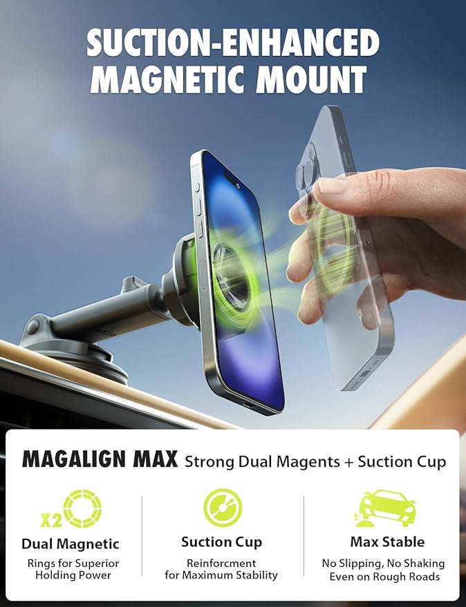 Bracketron MagSafe Car Mount,MagAlign Max Magnetic Phone Holder for Car Windshield & Dashboard,360 Vacuum Suction Magnetic Car Phone Holder for iPhone 17 Pro Max 16 15 14 13 - MagSafe Car Accessories