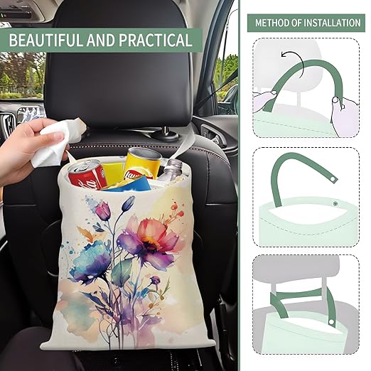 Cute Car Trash Can, Hanging Canvas Car Back Seat Organizer and Storage Bag, Funny Car Trash Bag For Travelling, Outdoor Watercolor Beautiful Flowers