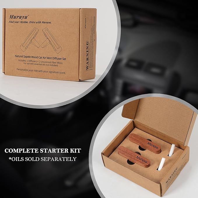 [2-Pack] Natural Sapele Wood Car Diffuser with Vent Clip, Refillable Car Air Freshener for your own Essential Oils (No Oils Included), Premium Auto Interior Accessories