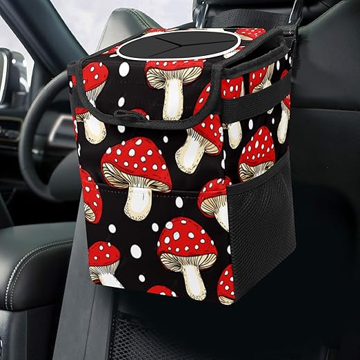 Car Trash Can with Lid & Multiple Pockets,Foldable Vehicle Garbage Bin Waterproof & Leak Proof Automotive Garbage Cans Car Accessories for Women Men Road Trip Essentials Mushrooms