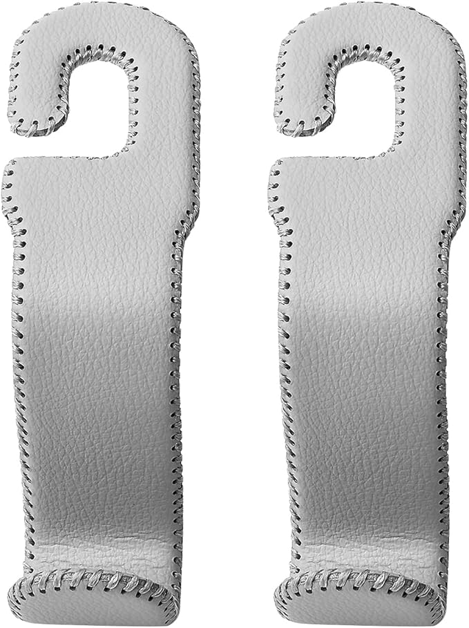 Leather Car Seat Hooks - U-Shaped Purse Holder for Car, Fully Leather-Wrapped Headrest Hooks for Purses, Bags & Coats, Durable Seat Back Organizer for Travel & Daily Use (Gray, 2 Pack)