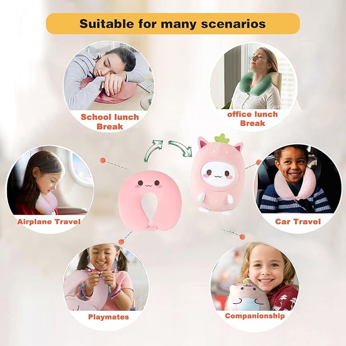 Kids Travel Pillow - 2-in-1 Deformable Kids Neck Pillow for Traveling, Soft U-Shaped Pillow with Adorable Animal Design, Comfy Sleep and Play, Ideal for Airplanes and Traveling (Pink Strawberry)