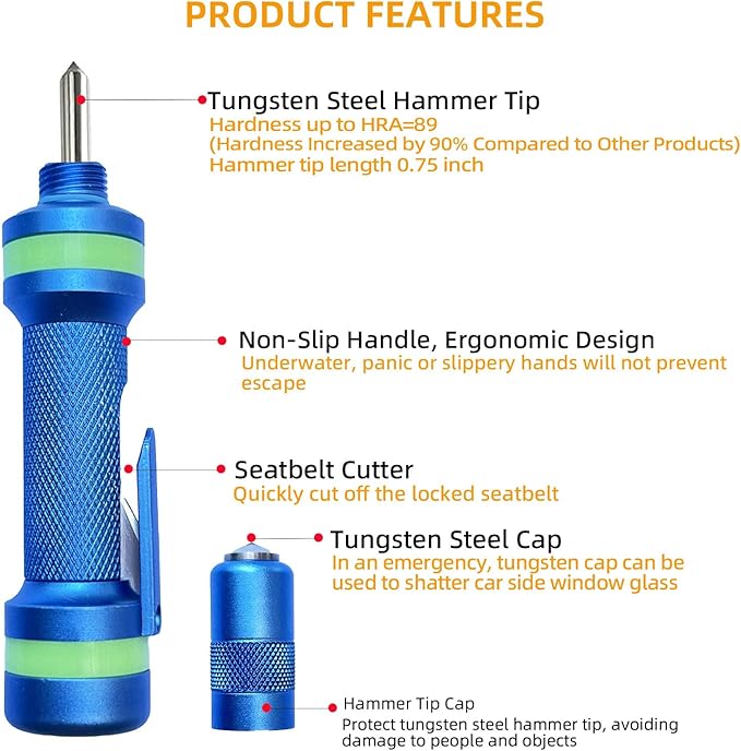 2-in-1 Window Breaker Seatbelt Cutter, Car Window Breaker Tool, Metal Glass Breaker - Extended Tungsten Steel Hammer Tip, Can Shatter Tempered & Laminated Glass (Blue, 1 PCS)