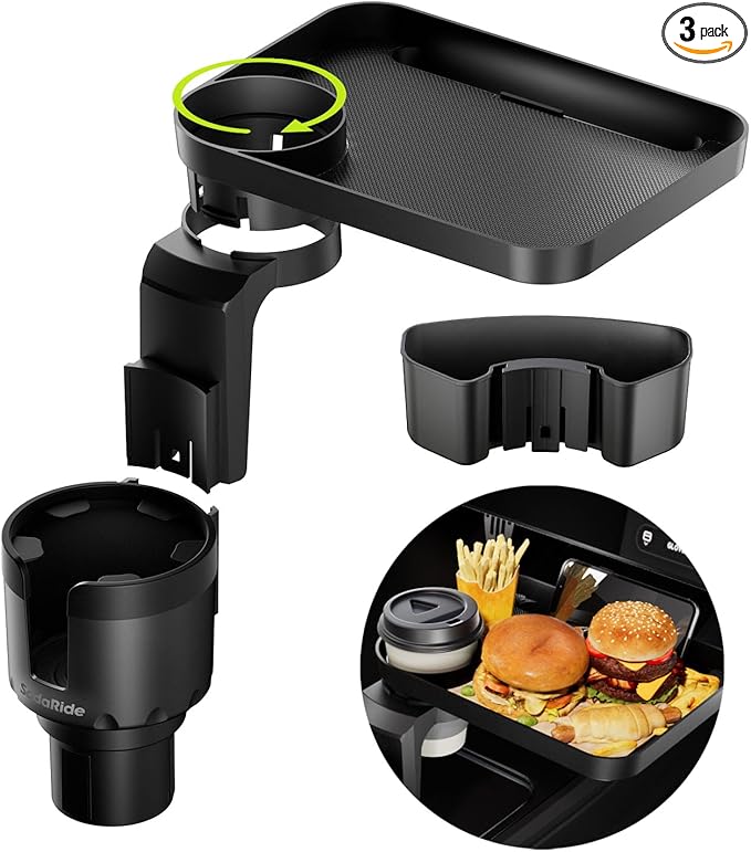 Car Cup Holder Expander Tray with Storage Box 4 in 1 Detachable Food Table Tray Car Console Storage Organizer Road Trip Essentials Accessories Gadgets - Fits Yeti, Hydro Flask 32/40 oz
